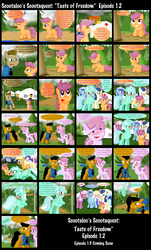 Size: 1600x2643 | Tagged: safe, artist:ajmstudios, berry punch, berryshine, cheerilee, derpy hooves, lyra heartstrings, minuette, scootaloo, oc, oc:officer cuffs, pegasus, pony, g4, blushing, car, comic, coughing, female, mare, police, scootaquest, sick, sneezing, zippermouth