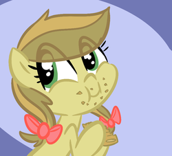 Size: 770x700 | Tagged: safe, artist:tess, apple fritter, apple strudely, pony, g4, apple family member, apple fritter (food), crumbs, cute, eating, female, food, messy, solo, strudelbetes