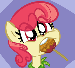 Size: 770x700 | Tagged: safe, artist:tess, apple bumpkin, pony, g4, apple, apple family member, candy apple, food, mouth hold, solo