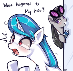 Size: 600x582 | Tagged: safe, artist:hua, dj pon-3, octavia melody, vinyl scratch, pony, unicorn, ask trolltavia, g4, alternate hairstyle, blushing, crying, dialogue, duo, female, frown, glasses, grin, lidded eyes, mare, open mouth, prank, smiling, wide eyes