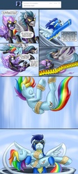 Size: 1080x2408 | Tagged: safe, artist:pluckyninja, rainbow dash, soarin', oc, oc:charger, oc:starry skies, tumblr:sexy spitfire, g4, bound wings, bridal carry, butt, carrying, clothes, comic, costume, dialogue, female, male, plot, shadowbolts, shadowbolts costume, ship:soarindash, shipping, straight, tornado, tumblr, wonderbolts