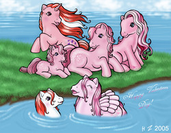 Size: 810x633 | Tagged: safe, artist:hollowzero, baby cotton candy, cotton candy (g1), heart throb, sea mist, skyflier, valenshy, earth pony, pegasus, pony, sea pony, unicorn, g1, g3, 2005, baby, eyes closed, female, freckles, grass, group, hoof heart, lying down, ocean, open mouth, open smile, pink, prone, rearing, sitting, smiling, swimming, turned head, underhoof, valentine's day, water, wet, wet mane