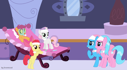 Size: 1179x656 | Tagged: safe, artist:ironwoodakacleanser, aloe, apple bloom, lotus blossom, scootaloo, sweetie belle, g4, cutie mark crusaders, spa twins