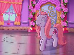 Size: 640x480 | Tagged: safe, screencap, cheerilee (g3), pony, unicorn, g3, the runaway rainbow, eyes closed, female, flower, mare, proud, rose, smiling, solo, unicornia