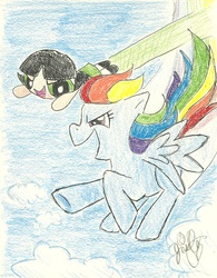 Size: 1192x1527 | Tagged: dead source, safe, artist:hahasauce, rainbow dash, human, pegasus, pony, g4, buttercup (powerpuff girls), crossover, duo, flying, the powerpuff girls, traditional art