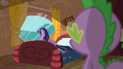 Size: 1024x576 | Tagged: safe, screencap, spike, twilight sparkle, pony, g4, magical mystery cure, animated, bed, focus, loop, rain