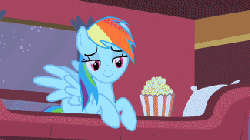 Size: 325x183 | Tagged: safe, screencap, rainbow dash, pony, g4, over a barrel, animated, cooking, female, fire, fire breath, food, implied spike, offscreen character, popcorn, solo