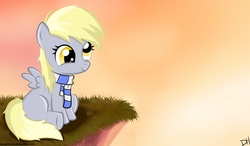 Size: 3510x2056 | Tagged: safe, artist:shiarr, derpy hooves, g4, cliff, clothes, cute, filly, scarf