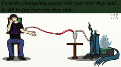 Size: 1800x1000 | Tagged: safe, artist:lucandreus, queen chrysalis, changeling, human, g4, blood, chair, changeling feeding, cute, cutealis, eyes closed, frown, heart, love, prone, sitting, smiling, unamused