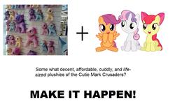 Size: 1204x746 | Tagged: safe, apple bloom, scootaloo, sweetie belle, g4, cutie mark crusaders, exploitable meme, funrise, irl, make it happen, photo, plushie