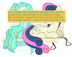 Size: 500x398 | Tagged: safe, bon bon, lyra heartstrings, sweetie drops, earth pony, pony, unicorn, offensive ponies, g4, bench, female, lesbian, mare, meta, ship:lyrabon, shipping, simple background, sitting, sitting lyra, text, transparent background