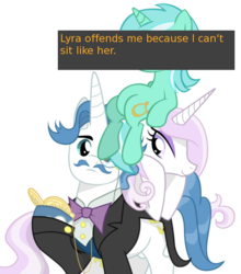 Size: 500x568 | Tagged: safe, fancypants, fleur-de-lis, lyra heartstrings, pony, unicorn, offensive ponies, g4, female, mare, meta, simple background, sitting, text, transparent background