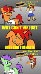 Size: 500x897 | Tagged: safe, artist:equinox23, oc, oc only, pony, unicorn, anti-clop, comic, crying, hypocrisy, hypocritical humor, love and tolerance, troll