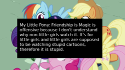 Size: 640x360 | Tagged: safe, edit, edited screencap, screencap, applejack, fluttershy, pinkie pie, rainbow dash, rarity, twilight sparkle, offensive ponies, friendship is magic, g4, mane six, meta, text