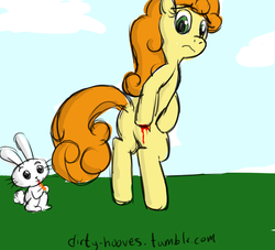 Size: 1280x1160 | Tagged: safe, artist:dirty-hooves, angel bunny, carrot top, golden harvest, g4, 30 minute art challenge, blood, carrot, cutie mark