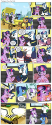 Size: 1200x2892 | Tagged: safe, artist:muffinshire, night light, shining armor, twilight sparkle, twilight velvet, pony, unicorn, comic:twilight's first day, g4, bunny ears, carriage, cat's cradle, clothes, comic, eating, female, filly, flower, grass, herbivore, horn, horses doing horse things, magic, magic fail, magic mishap, male, mare, moustache, oops, slice of life, smoking horn, spell gone wrong, stallion, taxi, telekinesis, tulip, uniform, wide eyes, younger