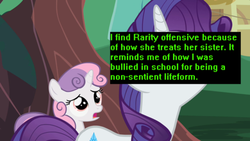 Size: 500x281 | Tagged: safe, screencap, rarity, sweetie belle, pony, robot, unicorn, offensive ponies, g4, sisterhooves social, cutie mark, female, filly, foal, horn, mare, meta, open mouth, sweetie bot, text