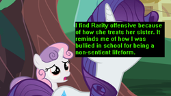 Size: 500x281 | Tagged: safe, edit, edited screencap, screencap, rarity, sweetie belle, pony, robot, unicorn, offensive ponies, g4, sisterhooves social, cutie mark, female, filly, foal, horn, mare, meta, open mouth, sweetie bot, text