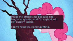 Size: 500x281 | Tagged: safe, edit, edited screencap, screencap, pinkie pie, offensive ponies, friendship is magic, g4, meta, text, tree