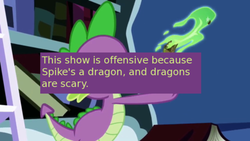 Size: 500x281 | Tagged: safe, edit, edited screencap, screencap, spike, dragon, offensive ponies, friendship is magic, g4, book, dragon mail, fire, fire breath, green fire, letter, male, meta, scroll, text, twilight's canterlot home