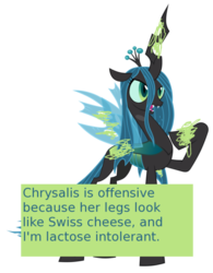 Size: 500x640 | Tagged: safe, queen chrysalis, changeling, changeling queen, offensive ponies, g4, cheese, cheeselegs, female, meta, queen swissalis, simple background, text, transparent background