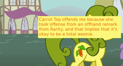 Size: 500x268 | Tagged: safe, screencap, carrot top, golden harvest, earth pony, pony, offensive ponies, boast busters, g4, background pony, female, green hair, irony, mare, meta, solo focus, text