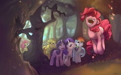 Size: 1920x1200 | Tagged: dead source, safe, artist:noben, applejack, fluttershy, pinkie pie, rainbow dash, rarity, twilight sparkle, earth pony, pegasus, pony, unicorn, friendship is magic, g4, everfree forest, female, grass, hat, laughter song, mane six, mare, open mouth, scary tree, scene interpretation, singing, tree