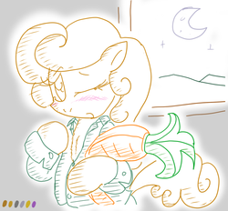 Size: 670x623 | Tagged: safe, artist:conner cogwork, carrot top, golden harvest, pony, g4, 30 minute art challenge, bipedal, carrot plushie, clothes, one eye closed, pajamas, sketch, solo
