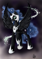 Size: 1500x2100 | Tagged: safe, artist:vixetra, nightmare moon, g4, fangs, magic, raised hoof, spread wings, wings