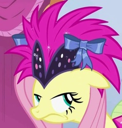 Size: 405x426 | Tagged: safe, screencap, fluttershy, g4, hat, ribbon, unamused