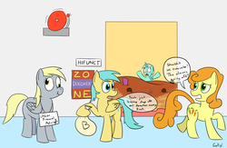 Size: 2300x1500 | Tagged: safe, artist:rapidstrike, carrot top, derpy hooves, golden harvest, lyra heartstrings, sunshower raindrops, earth pony, pegasus, pony, unicorn, g4, drama, female, mare, scrunchy face, spaghetti, unicon, unicon drama