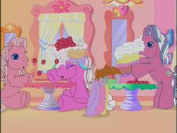 Size: 640x480 | Tagged: safe, screencap, cotton candy (g3), pinkie pie (g3), sweetberry, a charming birthday, g3, cake, cherry, fail, falling, frosting