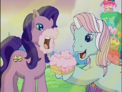 Size: 640x480 | Tagged: safe, screencap, kimono, minty, earth pony, pony, a charming birthday, g3, cake, crepuscular rays, duo, duo female, female, frosting, hoof hold, mare, open mouth, open smile, smiling