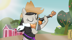 Size: 6071x3413 | Tagged: safe, artist:zeegaas, derpy hooves, octavia melody, earth pony, pegasus, pony, g4, female, fiddle, hat, mare, musical instrument, vector, violin