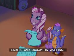 Size: 640x480 | Tagged: safe, screencap, master kenbroath gilspotten heathspike, wysteria, dragon, pony, g3, the princess promenade, blueprints, plans, shovel, subtitles