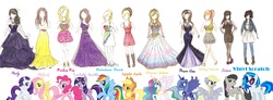 Size: 7288x2672 | Tagged: safe, artist:xemichan576, applejack, derpy hooves, dj pon-3, fluttershy, octavia melody, pinkie pie, princess celestia, princess luna, rainbow dash, rarity, twilight sparkle, vinyl scratch, human, g4, cardboard twilight, clothes, cosplay, design, dress, humanized, mane six, skinny, stock vector, thin, traditional art