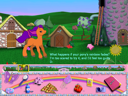 Size: 800x600 | Tagged: safe, oc, oc only, butterfly, earth pony, pony, g2, my little pony: friendship gardens, female, mare, pc game, question, rainbow, text, video game