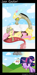 Size: 648x1296 | Tagged: safe, artist:lilmisswaffles, discord, fluttershy, twilight sparkle, alicorn, pony, g4, alternate hairstyle, clothes, cloud, cloudy, eyes closed, female, floppy ears, hat, hot, male, mare, open mouth, panting, prone, scarf, ship:discoshy, shipping, smiling, snow, snowfall, snuggling, straight, tongue out, twilight sparkle (alicorn)