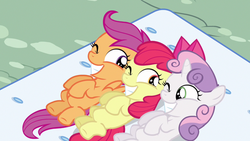 Size: 800x450 | Tagged: safe, screencap, apple bloom, scootaloo, sweetie belle, earth pony, pegasus, pony, unicorn, g4, one bad apple, cutie mark crusaders, female, filly, grin, mattress, on back, one eye closed, wink