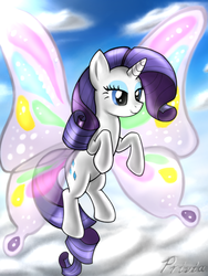 Size: 2731x3641 | Tagged: dead source, safe, artist:privia, rarity, pony, g4, day, flying, glimmer wings, sky, solo