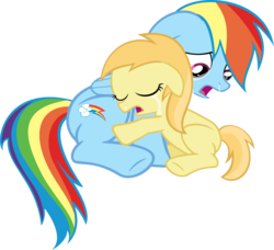 Size: 4000x3642 | Tagged: safe, artist:lumorn, noi, rainbow dash, earth pony, pegasus, pony, g4, crying, duo, duo female, female, filly, foal, hug, mare, simple background, transparent background, vector