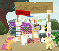 Size: 4000x3463 | Tagged: safe, artist:lumorn, applejack, noi, scootaloo, oc, pony, unicorn, g4, blind bag, cutie mark, food, heinz, pasta, seems legit, toy, zunt