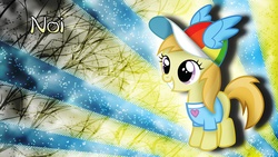 Size: 2560x1440 | Tagged: safe, artist:aloopyduck, artist:midnight--blitz, noi, earth pony, pony, g4, abstract background, female, filly, hat, rainbow dash hat, smiling, solo, wallpaper