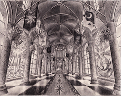 Size: 1600x1273 | Tagged: safe, artist:josh-5410, canterlot, canterlot castle, grayscale, hall, monochrome, scenery, stained glass