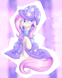 Size: 810x1014 | Tagged: safe, artist:fizzy-dog, fluttershy, pony, g4, accessory swap, female, magic wand, solo, the great and powerful, trixie's cape, trixie's hat