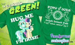 Size: 1000x608 | Tagged: safe, artist:pixelkitties, bon bon, donut joe, lyra heartstrings, sweetie drops, earth pony, pony, unicorn, g4, official, bipedal, clothes, female, irish, joe, lyrish, mare, merchandise, saint patrick's day, shirt, shirt design, welovefine