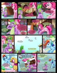 Size: 1165x1500 | Tagged: safe, artist:kitsuneyoukai, pinkie pie, rainbow dash, spike, dragon, earth pony, pegasus, pony, comic:dragon you over, g4, comic, crying, cupcake, female, food, male, mare