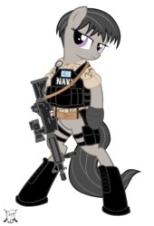Size: 1992x2932 | Tagged: safe, artist:shadawg, octavia melody, earth pony, pony, g4, aimpoint, alternate hairstyle, ar-15, bipedal, body armor, female, gun, military, navy, reflex sight, rifle, short hair, simple background, solo, transparent background, vector, weapon