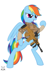 Size: 2532x3264 | Tagged: safe, artist:shadawg, rainbow dash, pegasus, pony, g4, body armor, female, fn scar, gun, military, rifle, simple background, solo, transparent background, vector, weapon