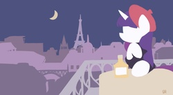 Size: 1280x700 | Tagged: dead source, safe, artist:chung-sae, rarity, pony, g4, beatnik rarity, beret, clothes, female, france, hat, moon, night, paris, solo, wallpaper